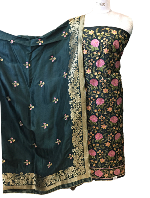 Green Opara Silk Unstitched Suit with Parsi Embroidery