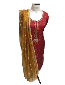 Red Silk Unstitched Suit with Neemzari Embroidery