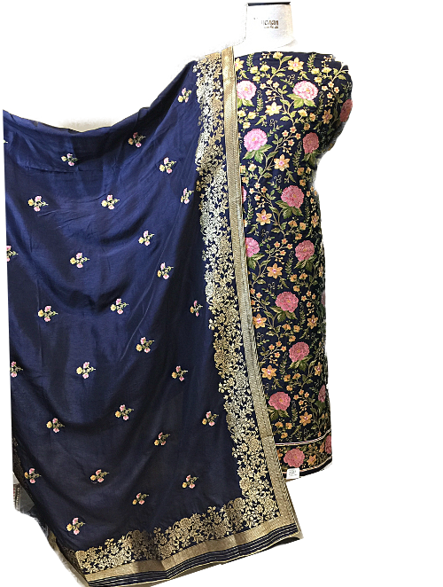 Blue Opara Silk Unstitched Suit with Parsi Embroidery