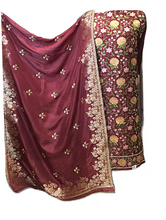 Load image into Gallery viewer, Maroon Opara Silk Unstitched Suit with Parsi Embroidery
