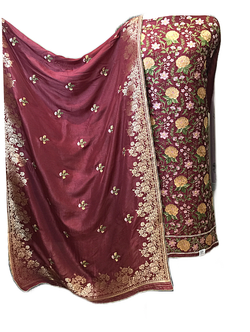 Maroon Opara Silk Unstitched Suit with Parsi Embroidery