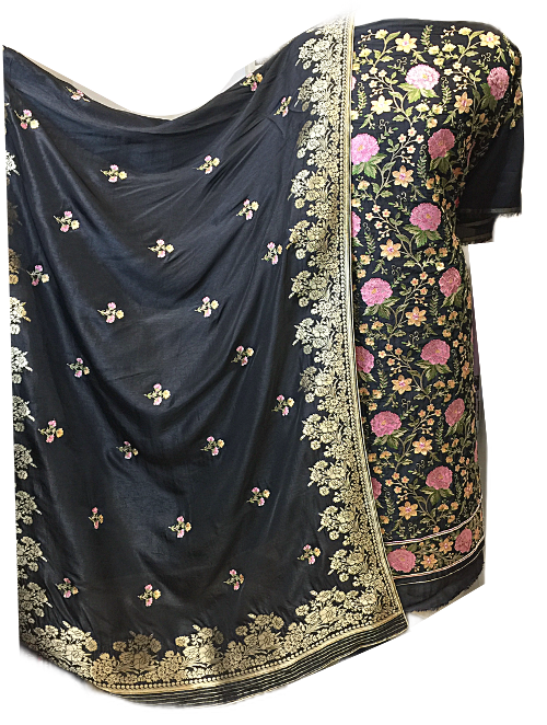 Black Opara Silk Unstitched Suit with Parsi Embroidery
