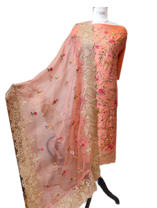 Peach Pure Silk Floral Unstitched Suit with Thread Embroidery