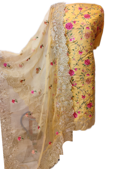 Yellow Pure Silk Floral Unstitched Suit with Thread Embroidery