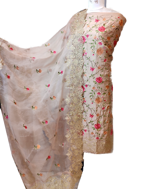 Chiku Pure Silk Floral Unstitched Suit with Thread Embroidery