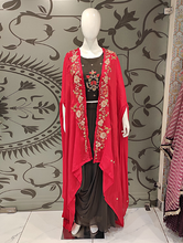 Load image into Gallery viewer, Brown Georgette Crop Top With Red Chinon Jacket | Latest | - Kanchan Fashion Pvt Ltd
