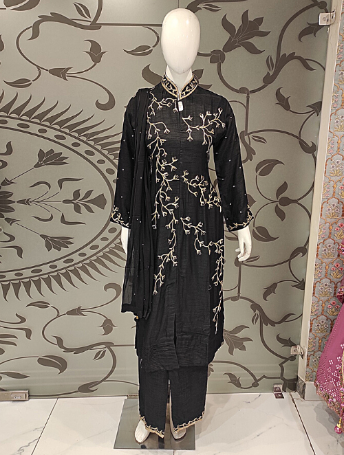 Black Raw Silk Plazzo with Hand Embroidery | Latest | - Kanchan Fashion Pvt Ltd
