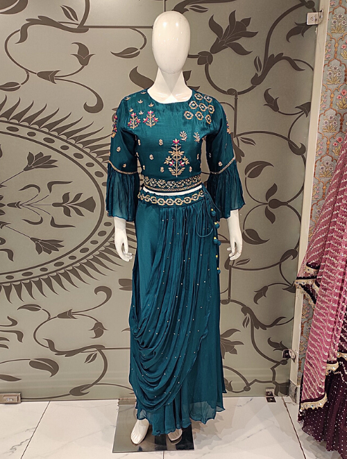 Peacock Blue Chinon Crop Top with Cutdana Work and Sequence Work | Latest | - Kanchan Fashion Pvt Ltd