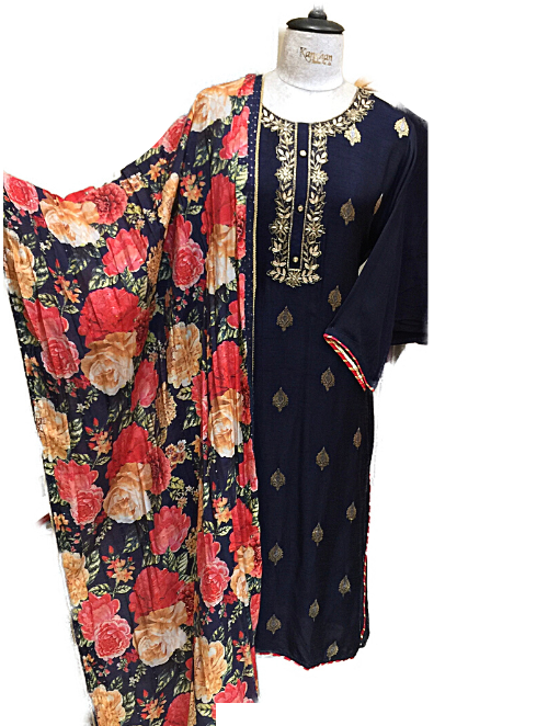 Blue Silk Semi Stitched Suit with Floral Dupatta