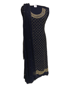 Dark Blue Georgette Unstitched Suit with Hand Embroidery