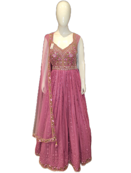 Pink Georgette Gown With Hand Embroidery