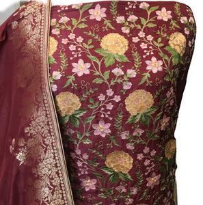 Maroon Opara Silk Unstitched Suit with Parsi Embroidery