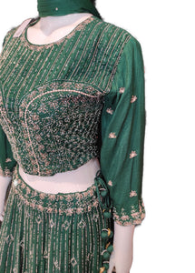 Green Raw Silk Crop Top With Skirt And Dupatta