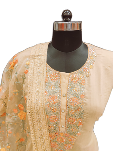 Chanderi Silk Unstitched Suit with Oraganza Dupatta