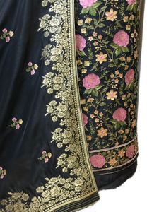 Black Opara Silk Unstitched Suit with Parsi Embroidery