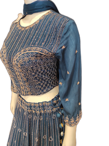 Blue Raw Silk Crop Top With Skirt And Dupatta
