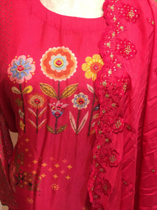 Pink Silk Printed Semi Stitched Suit with Thread Embroidery