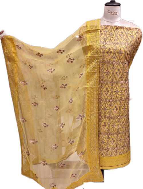 Yellow Pure Silk Unstitched Suit with thread Embroidery