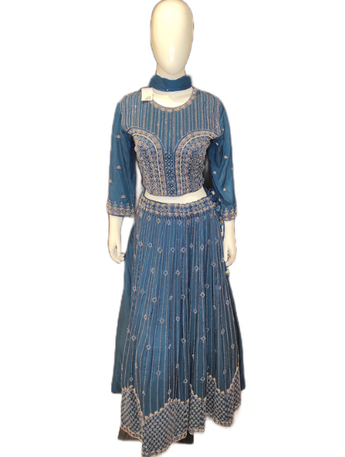 Blue Raw Silk Crop Top With Skirt And Dupatta
