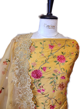 Load image into Gallery viewer, Yellow Pure Silk Floral Unstitched Suit with Thread Embroidery
