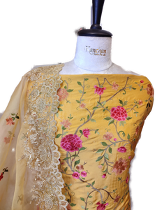 Yellow Pure Silk Floral Unstitched Suit with Thread Embroidery