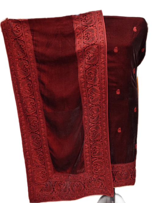 Maroon Velvet Unstitched Suit with Thread Embroidery