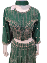 Load image into Gallery viewer, Green Raw Silk Crop Top With Skirt And Dupatta
