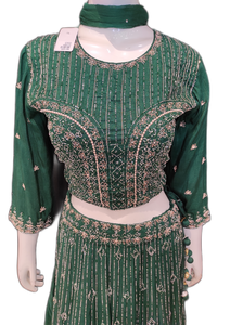Green Raw Silk Crop Top With Skirt And Dupatta