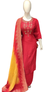 Red and Yellow Chanderi Semi Stitched Suit with Dupatta