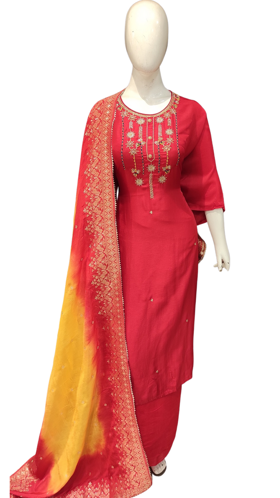 Red and Yellow Chanderi Semi Stitched Suit with Dupatta