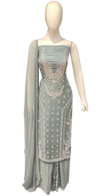 Load image into Gallery viewer, Chinon Unstitched Suit with Hand Work,Beads,Cutdana and Mirror Work with Stitched Sharara
