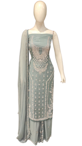 Chinon Unstitched Suit with Hand Work,Beads,Cutdana and Mirror Work with Stitched Sharara