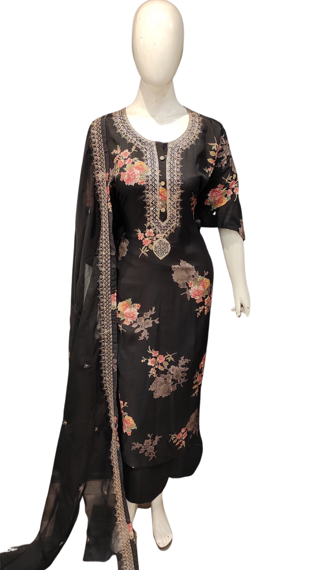 Black Printed Semi Stitched Suit with Dupatta