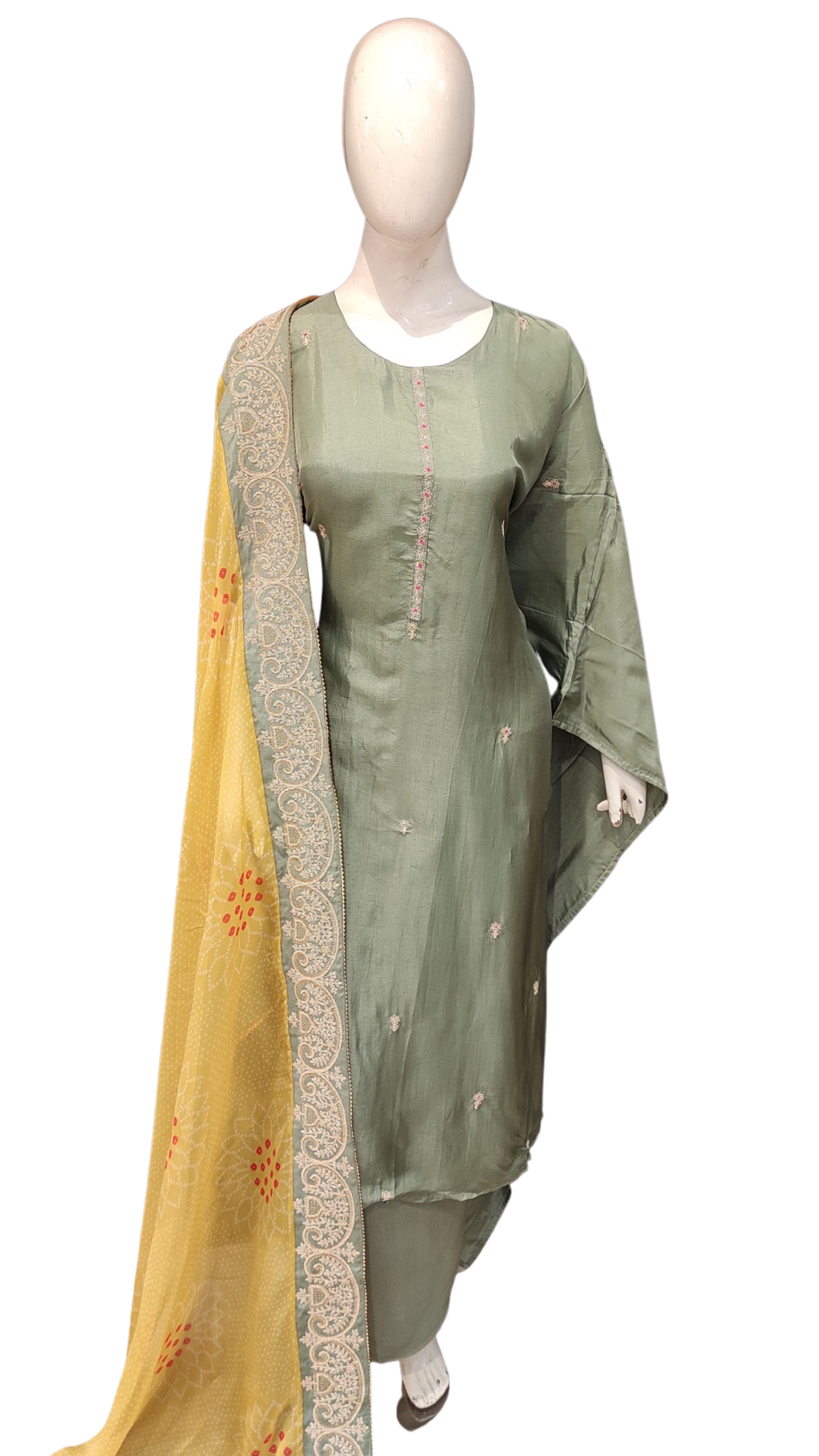 Pista Green Silk Semi Stitched Suit with Yellow Dupatta