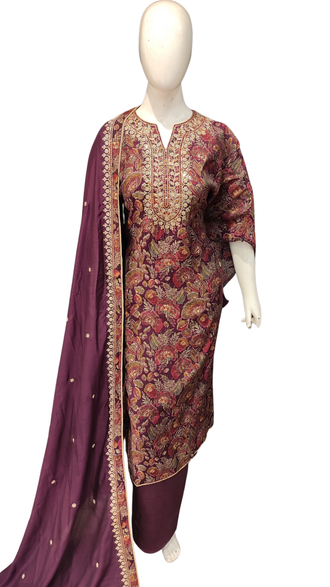 Wine Printed Silk Semi Stitched Suit with Dupatta