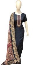 Load image into Gallery viewer, Navy Blue Chanderi Semi Stitched Suit with Banarasi Silk Dupatta
