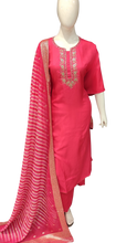 Load image into Gallery viewer, Pink Silk Unstitched Suit with Hand Embroidery and Leheriya Print Dupatta
