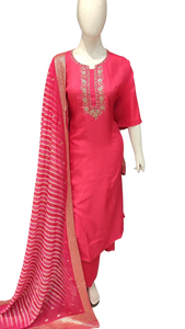 Pink Silk Unstitched Suit with Hand Embroidery and Leheriya Print Dupatta