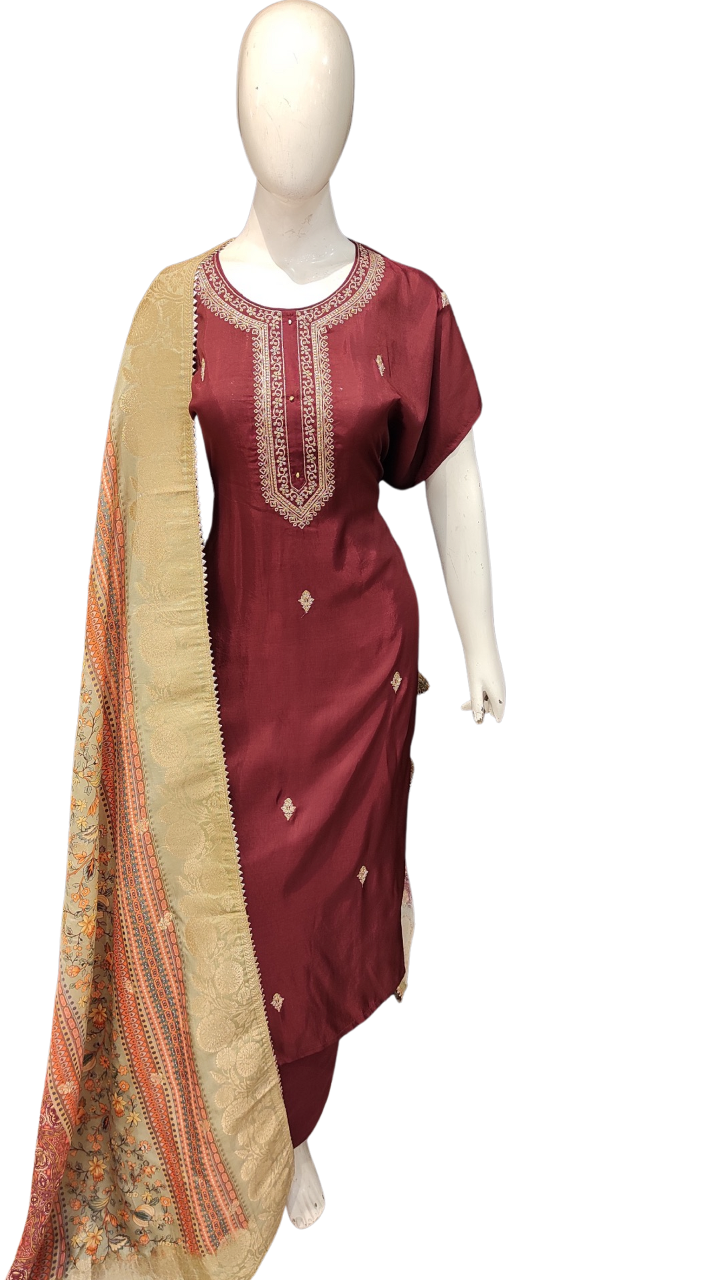 Maroon Silk Semi Stitched Suit with Printed Dupatta