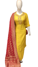 Load image into Gallery viewer, Yellow Chanderi Banarasi Semi Stitched Suit with Dupatta
