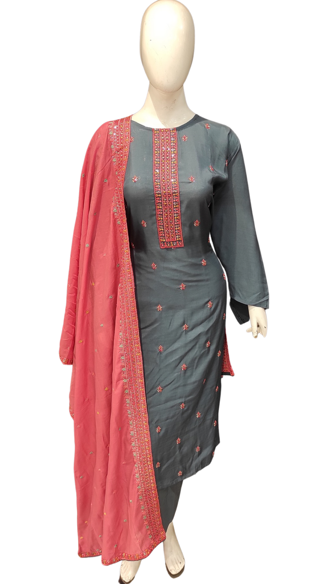 Grey Muslin Unstitched Suit with Hand Work and Dupatta