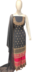 Georgette Unstitched Suit with Hand Work,Cutdana and Mirror Work with Stitched Sharara